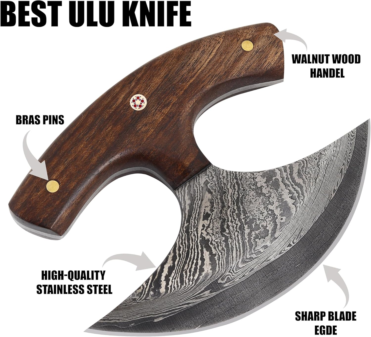 Custom Damascus Steel Ulu Knife Traditional Alaskan Damascus Ulu Knife with sheath Multi-Purpose Pizza Cutter, Vegetable Chopping, Boning Slicing Cutting Walnut Handle Leather Sheath