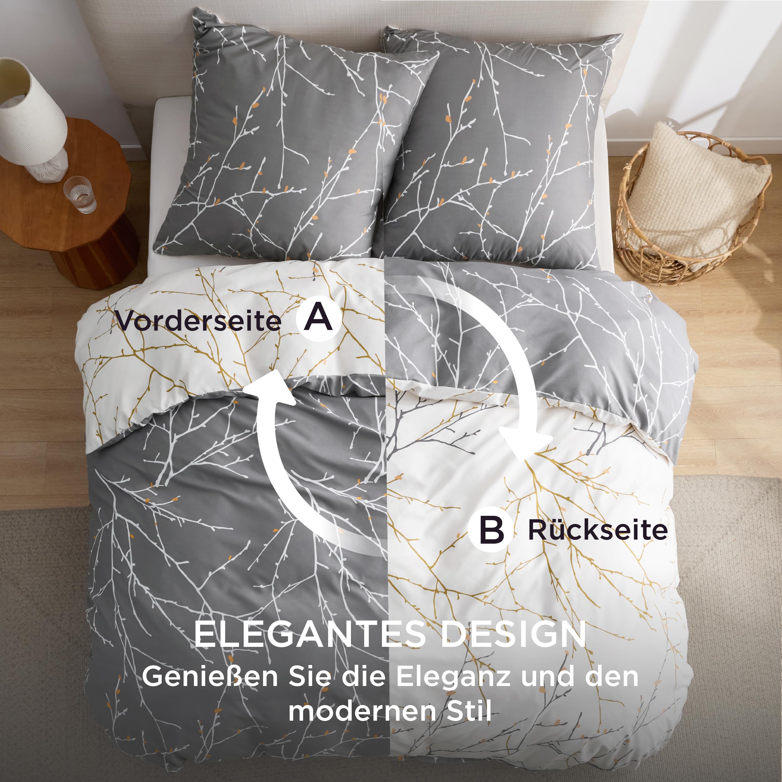BEDSURE Bettwäsche 135x200 4teilig Bettbezug - Bettwäsche-Sets 135 x 200 cm 2er Set mit 2 Kissenbezüge 80x80cm, ÖKO-TEX Wendebettwäsche Bedding Zweige Grau Muster mit Reißverschluss