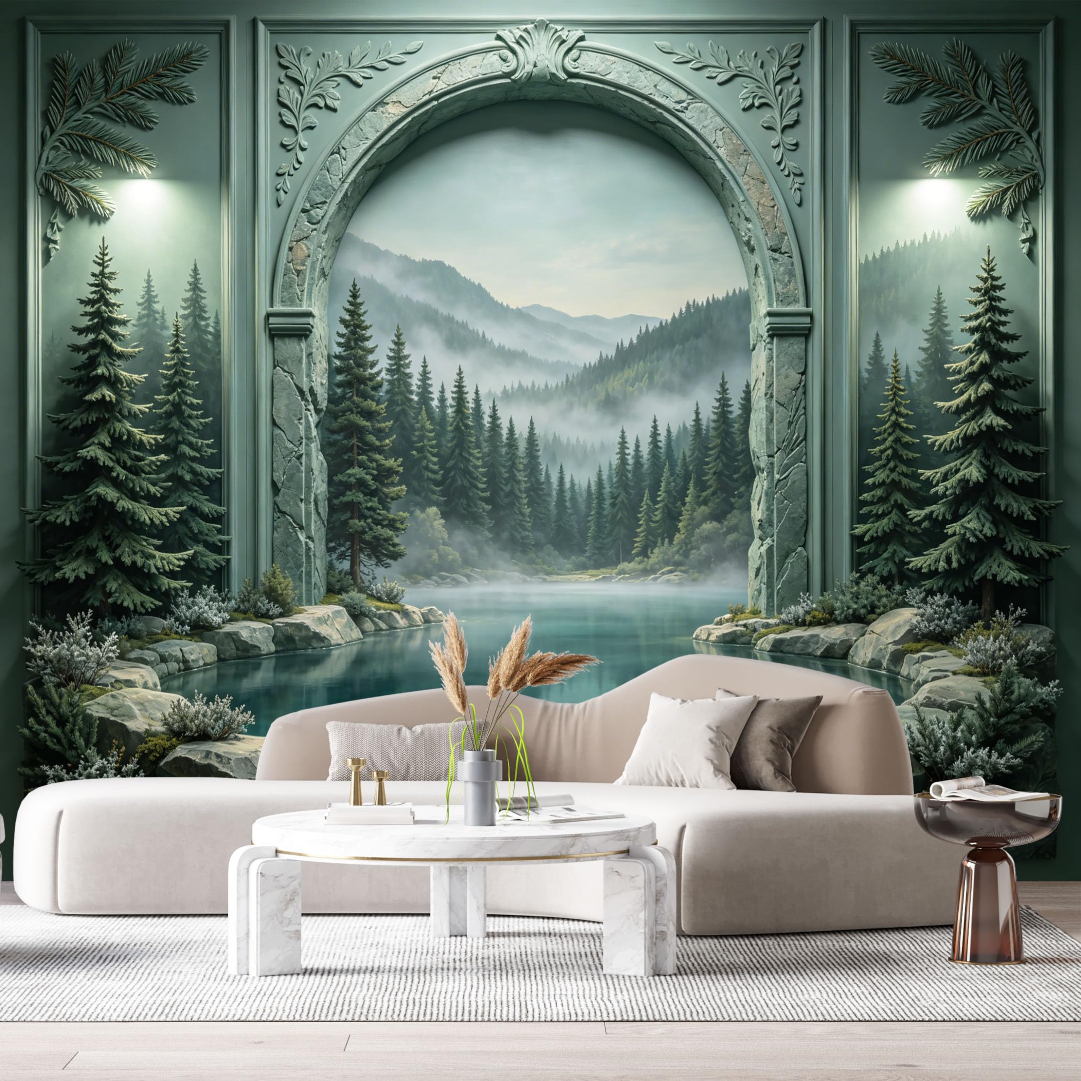 Custom Size Wall Murals Misty Mountain Lake Pine Forest Archway 3D Trompe L'Oeil SelfAdhesiveWall Fabric Removable Wallpaper Wall Decor for Living Room Bedroom Bathroom