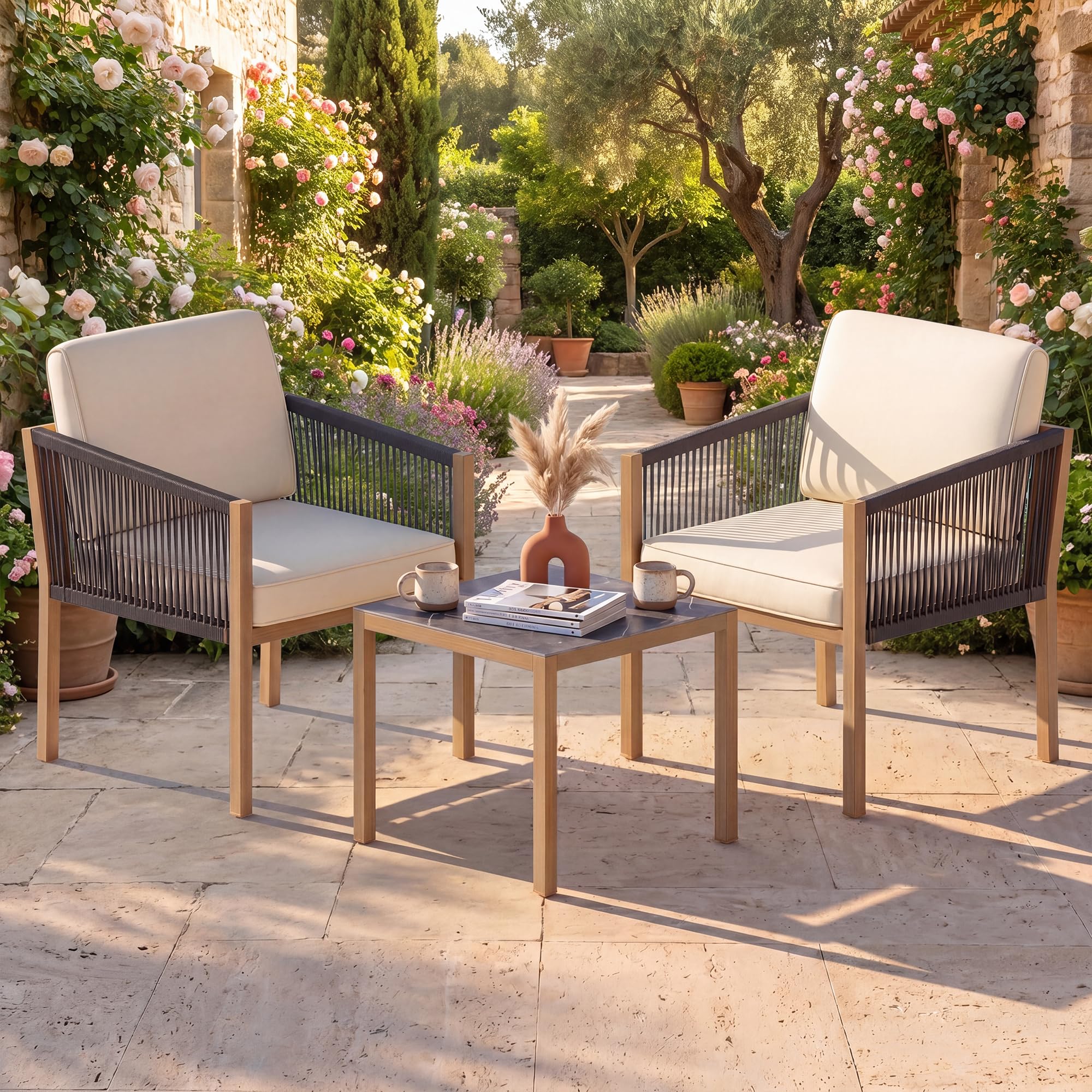 LIFEZEAL Salotto da Giardino Esterno 3 Pezzi, in Rattan PE, Set Giardino Esterno, Poltrone con Cuscini Rimovibili, Tavolino da Caffè, Divanetto per Salottino, Terrazza e Cortile (Stile 3)