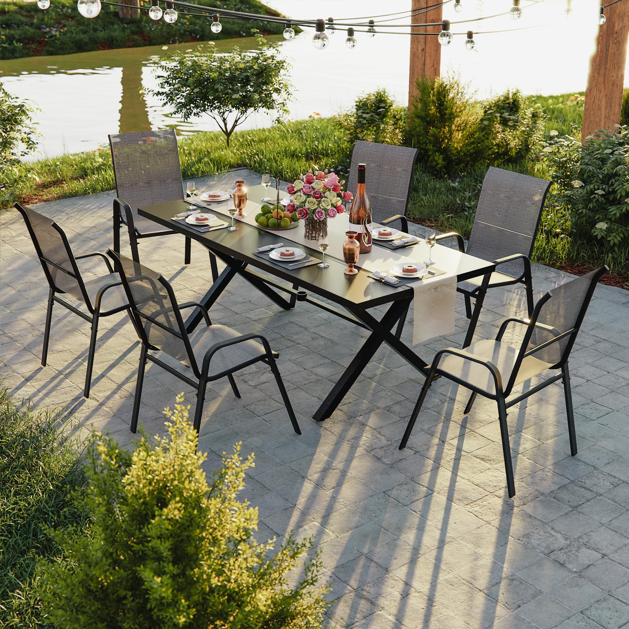 2026 Aufwertung Hochlehner 6er Set Gartenstühle wetterfest, Stapelbar Terrassenstühle Sitzgruppenstühle mit hoher Rückenlehne & atmungsaktivem Textilen, Ideal für Garten, Balkon, Terrasse und Camping