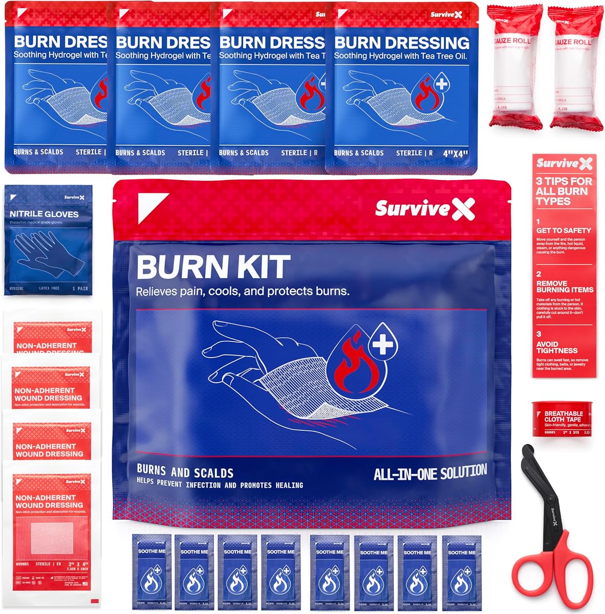 SurviveX Burn Care Kit - Cooling Hydrogel Dressings with Tea Tree Oil | Complete burn care kit, All burn types, Instant cooling, Tea tree oil benefits, Easy application, First aid essential