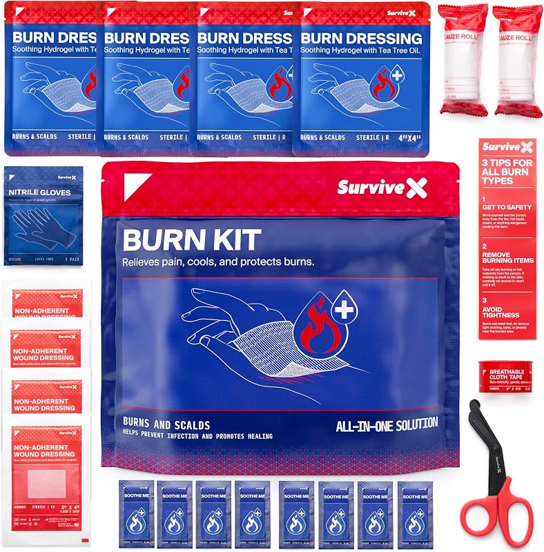 SurviveX Burn Care Kit - Cooling Hydrogel Dressings with Tea Tree Oil | Complete burn care kit, All burn types, Instant cooling, Tea tree oil benefits, Easy application, First aid essential