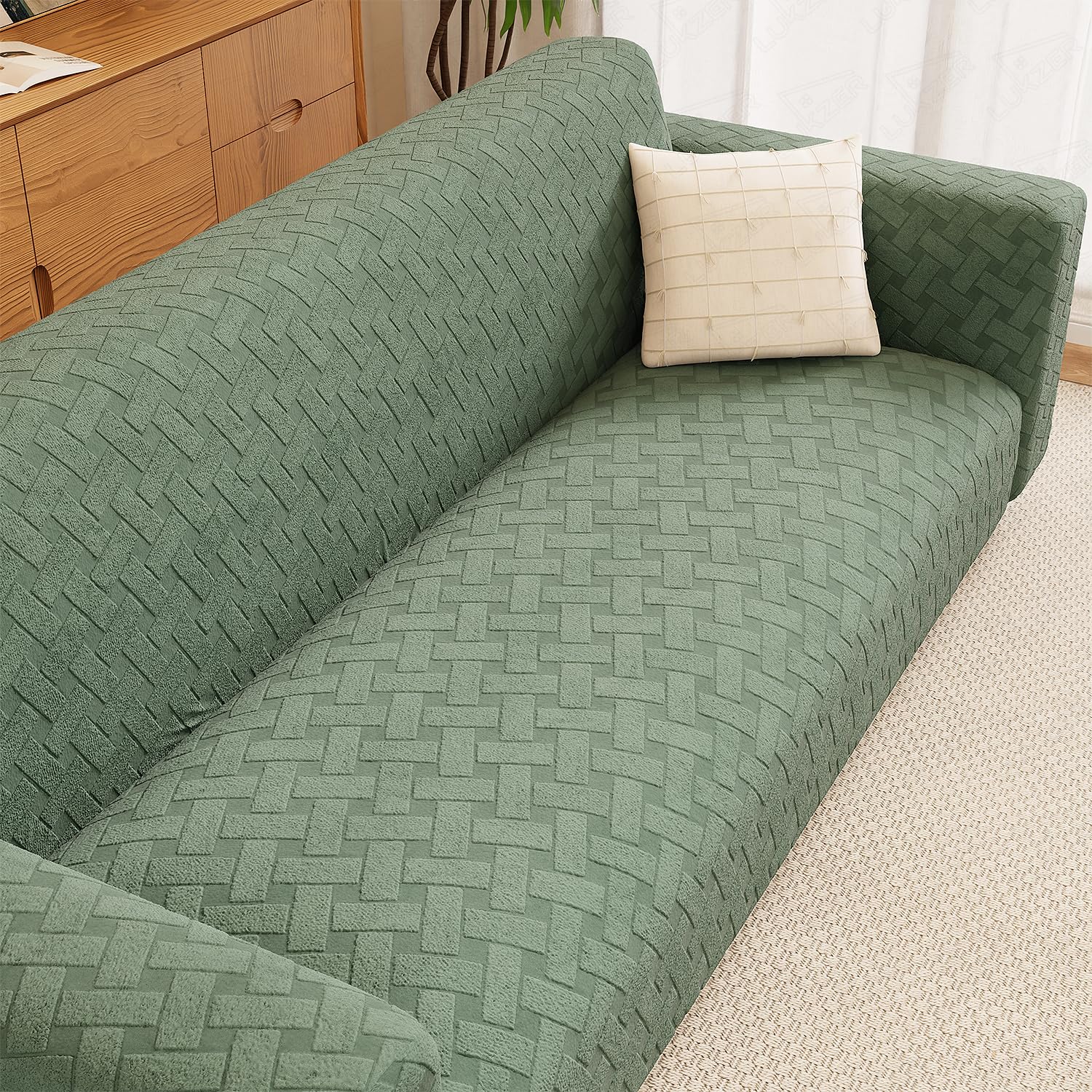 Lukzer 2 Seater Pastel Green Basket Weave Pattern Sofa Cover | 240 GSM Universal Stretch Fit Jacquard Fabric Couch Protector | Fully Covered Anti Slip & Washable Sofa Cover (140-180cm/SC-114-02)-image-46