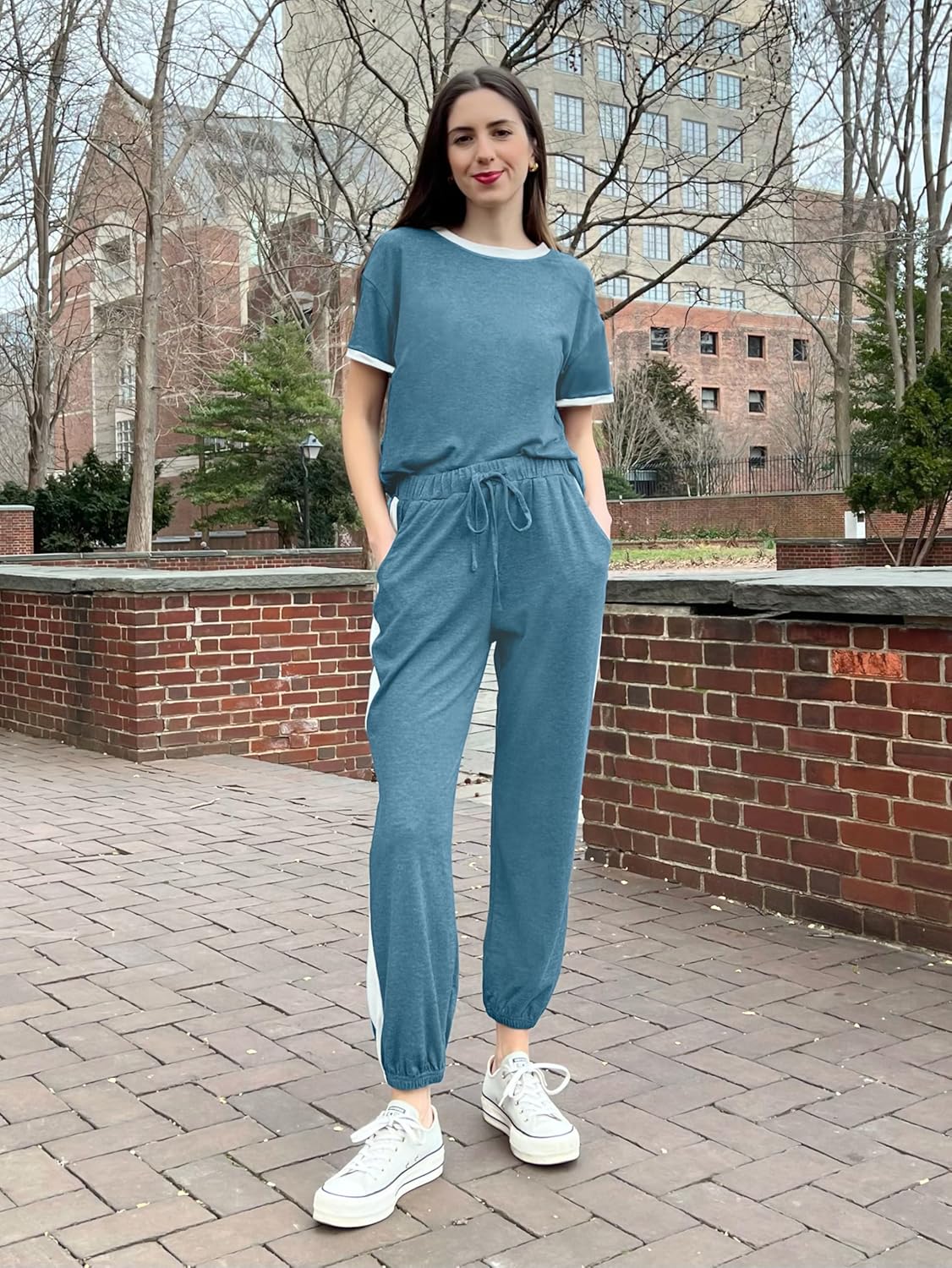 MASCOMODA Womens 2 Piece Outfits 2026 Summer Tracksuit Sets Short Sleeve Tops Travel Long Pants Jogger Lounge Set - Image 5