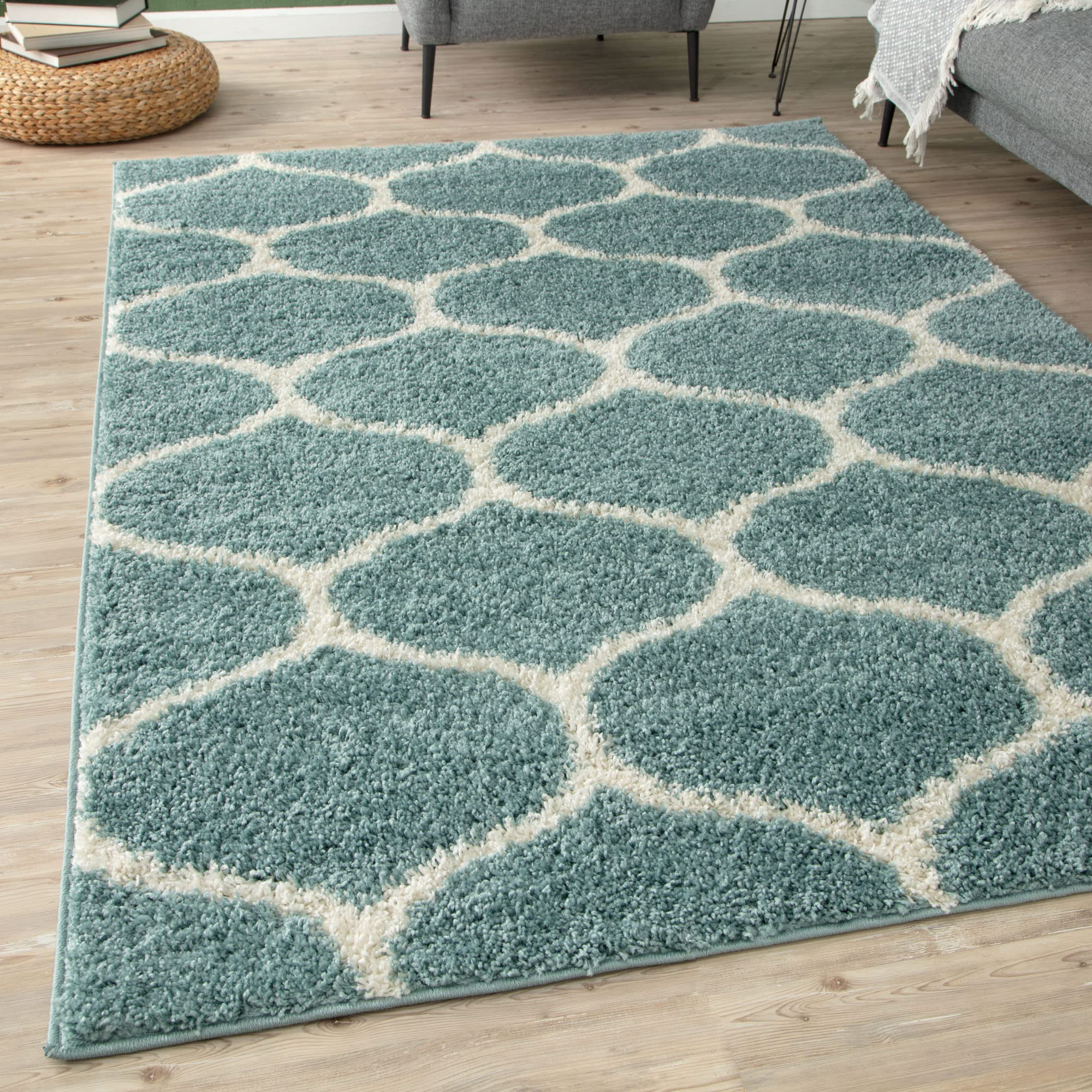 THE RUGS Shaggy Rug – Modern Moroccan Design Rugs for Living Room, Bedroom, Hallway, 3 cm Thick Area Rugs, (Trellis Duck egg blue/Ivory, 80x150cm)