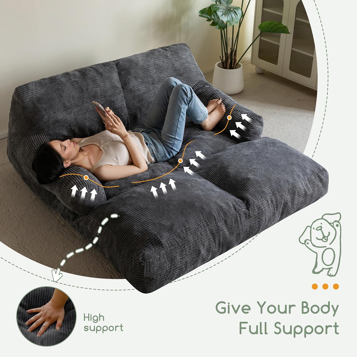 HIGOGOGO Giant Human Dog Sofa Bed, Extended Large Comfy Floor Couch for Pet Families, Corded Fabric Orthopedic Dog Bed for Human with Supportive Foam & Anti-Slip Bottom, XXXL Size, Dark Grey