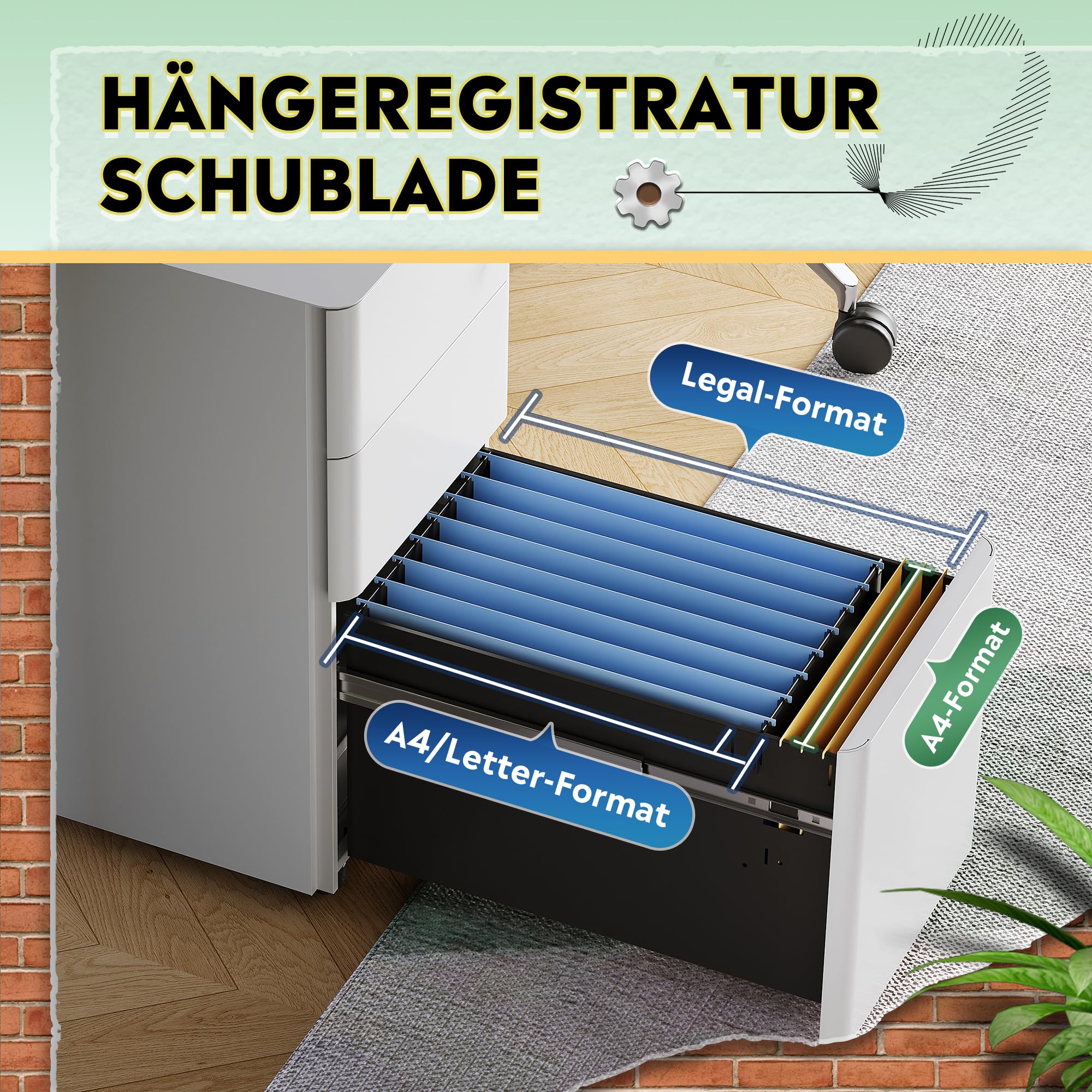 DEVAISE Rollcontainer mit 3 Schubladen, Metall Mobiler Aktenschrank mit Rollen, Druckertisch für DIN A4/Legal/Letter, Schreibtisch Unterschrank für Büro und Home Office, Weiß