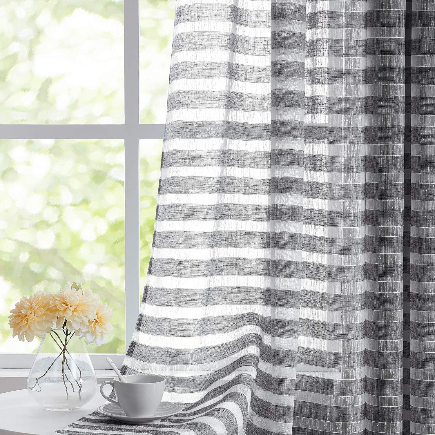 Fragrantex Striped White and Grey Sheer Curtains 84 inches Long for Living Room Light Filtering Horizontal Stripe Voile Farmhouse Bedroom Window Panels Grommet Top 40" Wx84 L 2 Panels
