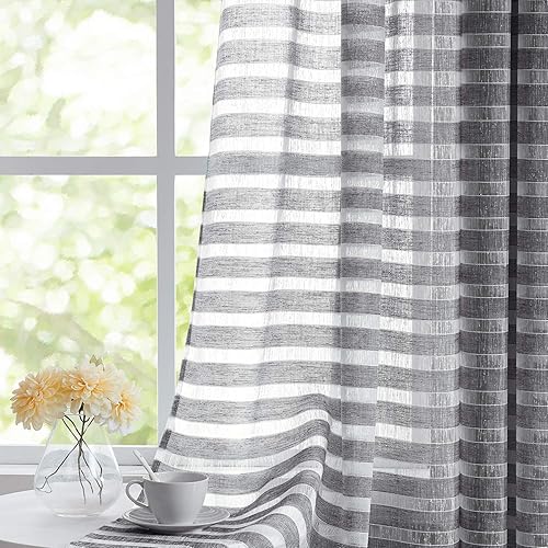 Miniatura 2 de Fragrantex Blue and White Striped Curtains for Bedroom and Living Room Linen Horizontal Stripe Window Drapes and Curtainse Light Filtering Voile