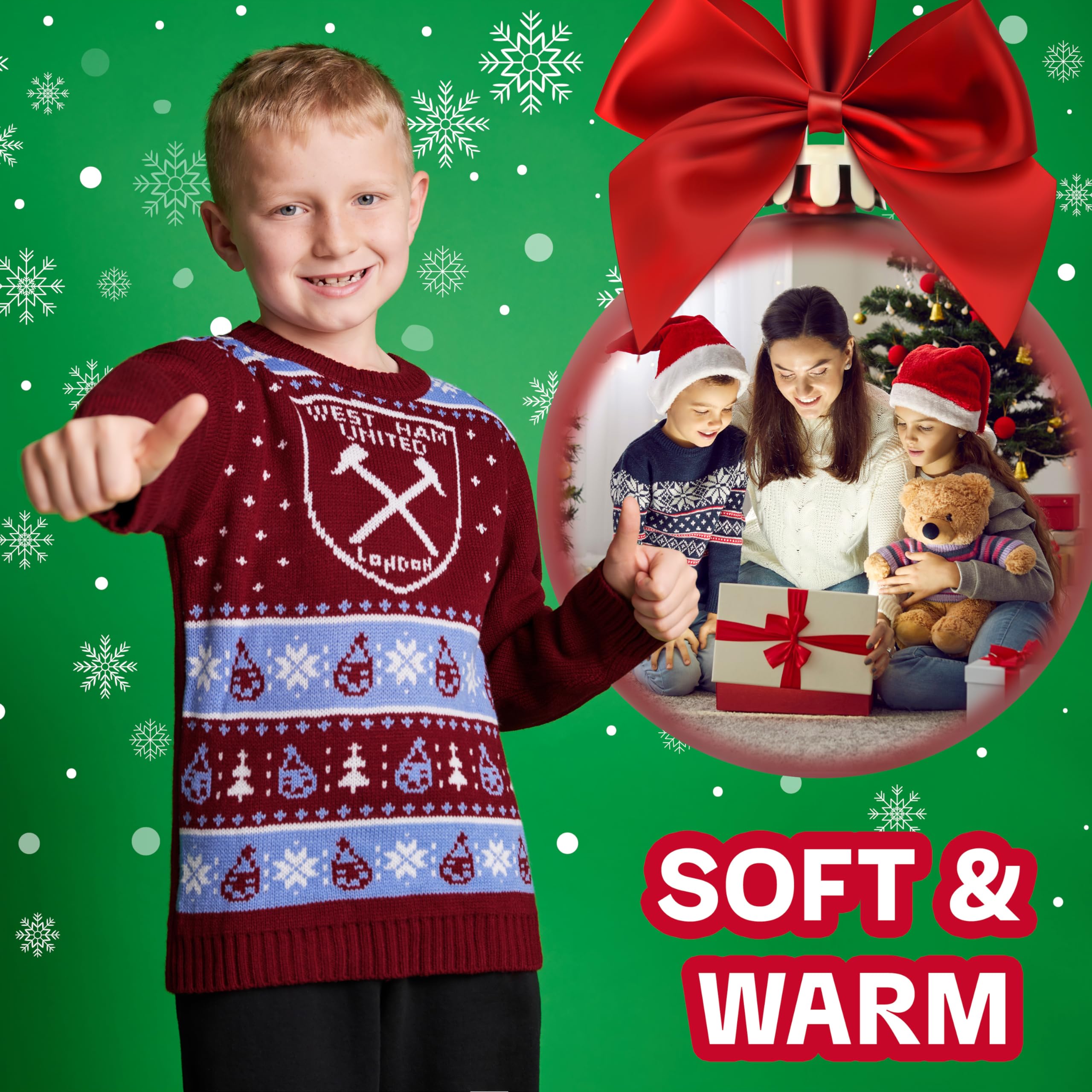 West Ham United Świąteczny sweter FC dla dzieci, nastolatków, ciepły, przytulny sweter piłkarski, Boże Narodzenie, 7-14 lat, prezenty dla chłopców z West Ham