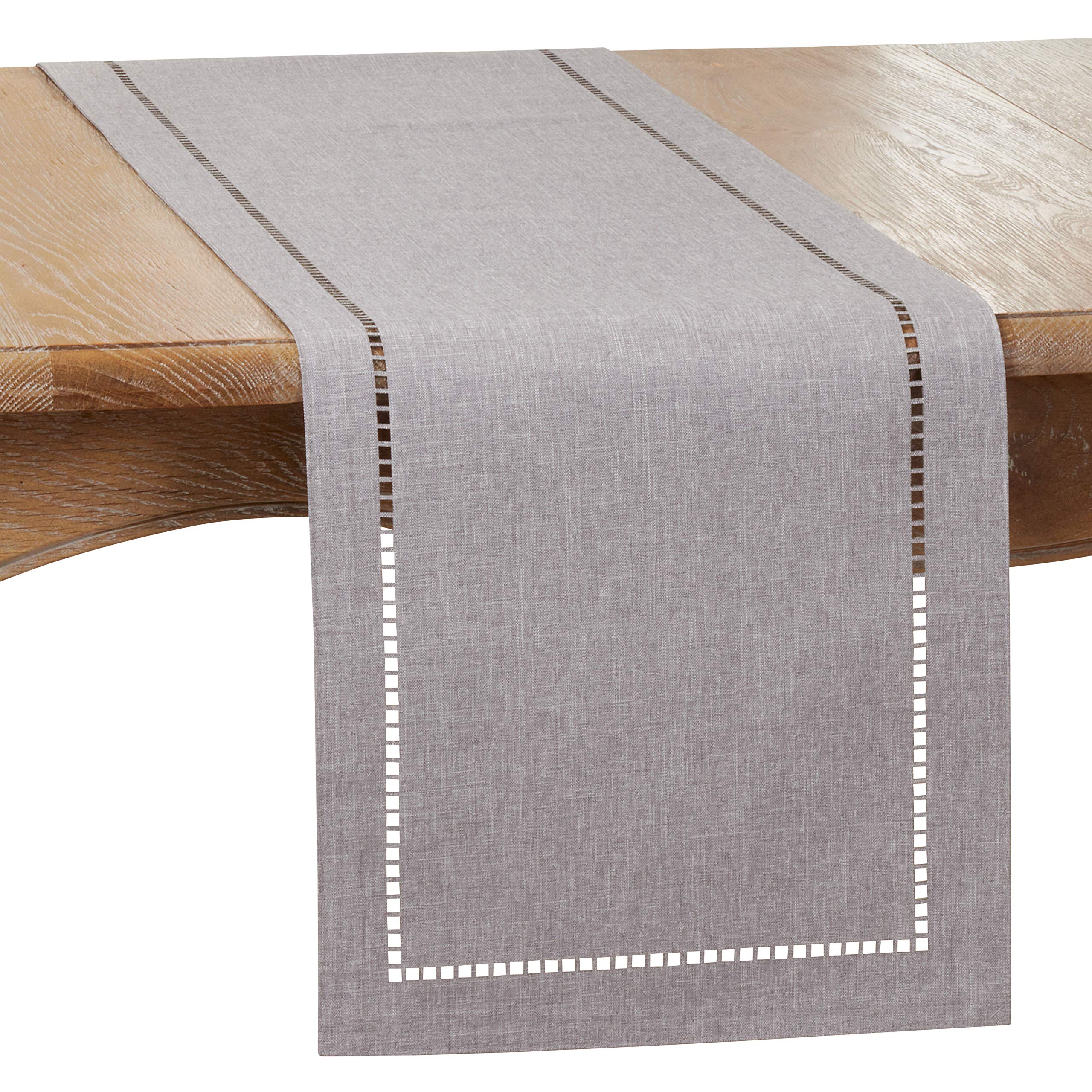 SARO LIFESTYLE Hadleigh Collection Laser-Cut Hemstitch Table Runner, 14" x 120", Grey