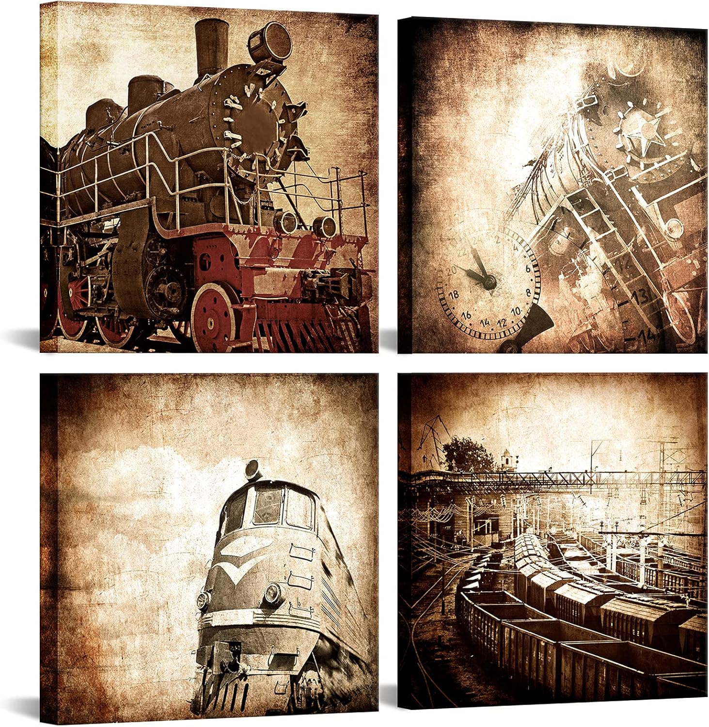 iLOOKLiKE 4 Pieces Old Train Canvas Wall Art Brown Locomotive Wall Decor Retro Steam Painting Pictures Vintage Vehicle Photo Poster Oil Painting Artwork Framed for Living Room Bedroom
