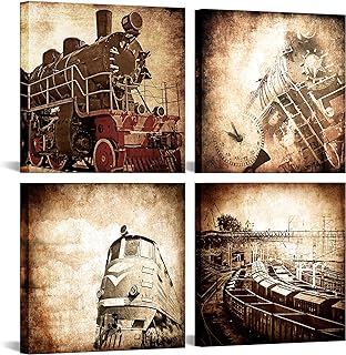 iLOOKLiKE 4 Pieces Old Train Canvas Wall Art Brown Locomotive Wall Decor Retro Steam Painting Pictures Vintage Vehicle Photo Poster Oil Painting Artwork Framed for Living Room Bedroom