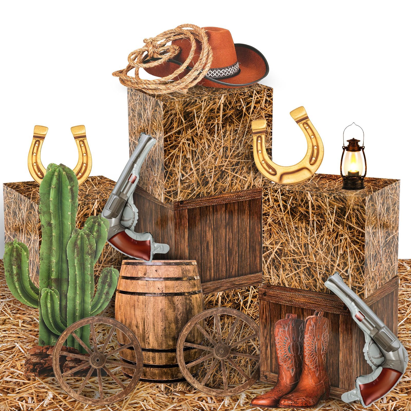 YLOLUL Set di 18 decorazioni per feste con cowboy occidentale, 6 scatole di balle di fieno, 2 ruote in legno, 10 centrotavola da cowboy occidentale, decorazioni per cabina fotografica, cowgirl, feste