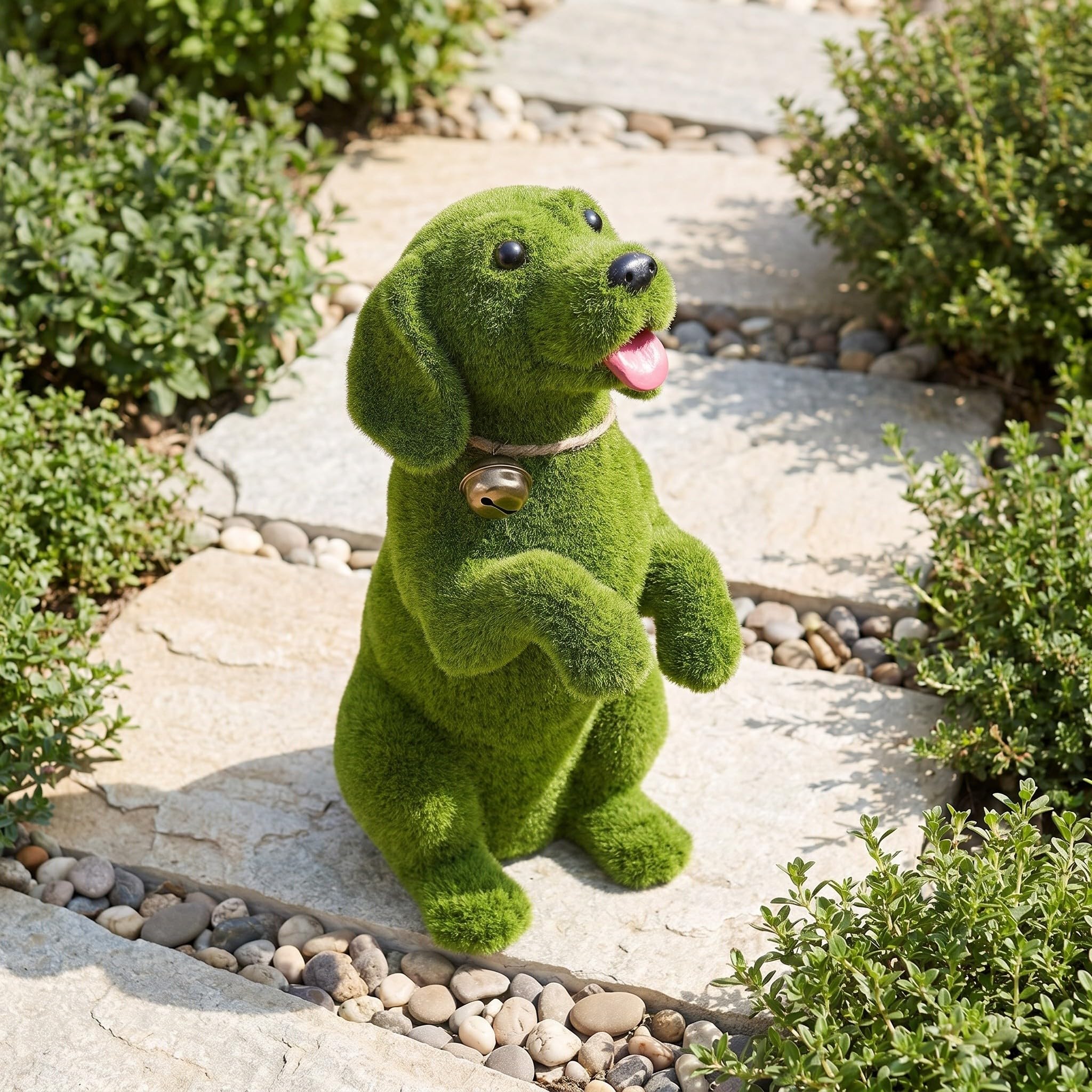 Kisangel Statua di cane floccata: scultura decorativa di cane in piedi con campanellino - Statua realistica di piccolo animale floccata per giardino, patio, cortile e spazi esterni.