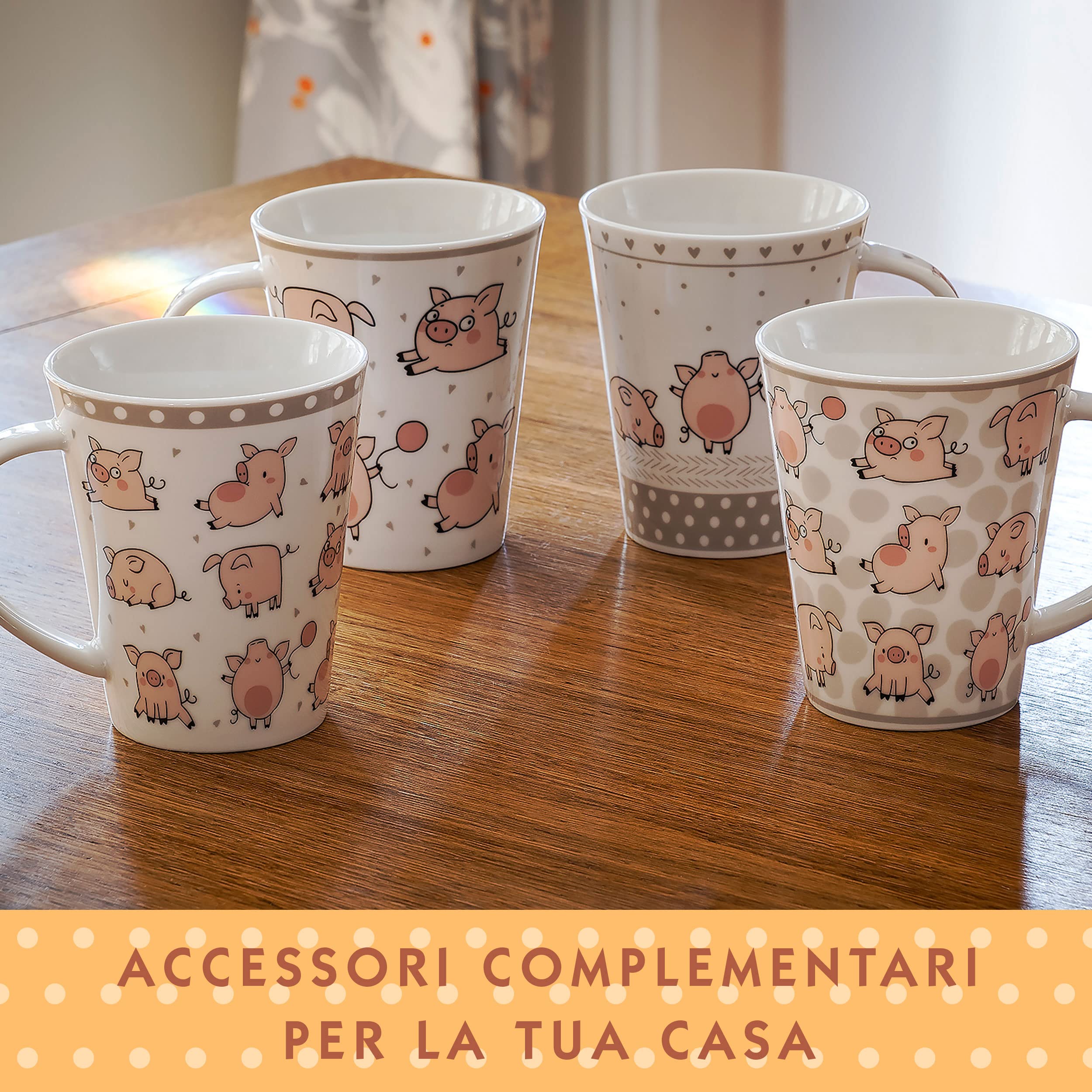 SPOTTED DOG GIFT COMPANY Set di 4 Tazze da Caffè in Ceramica 360 ml per Caffè e Tè, Tazze con Animali a Tema Maialino, Design Divertente e Carino, Regalo con Maialino