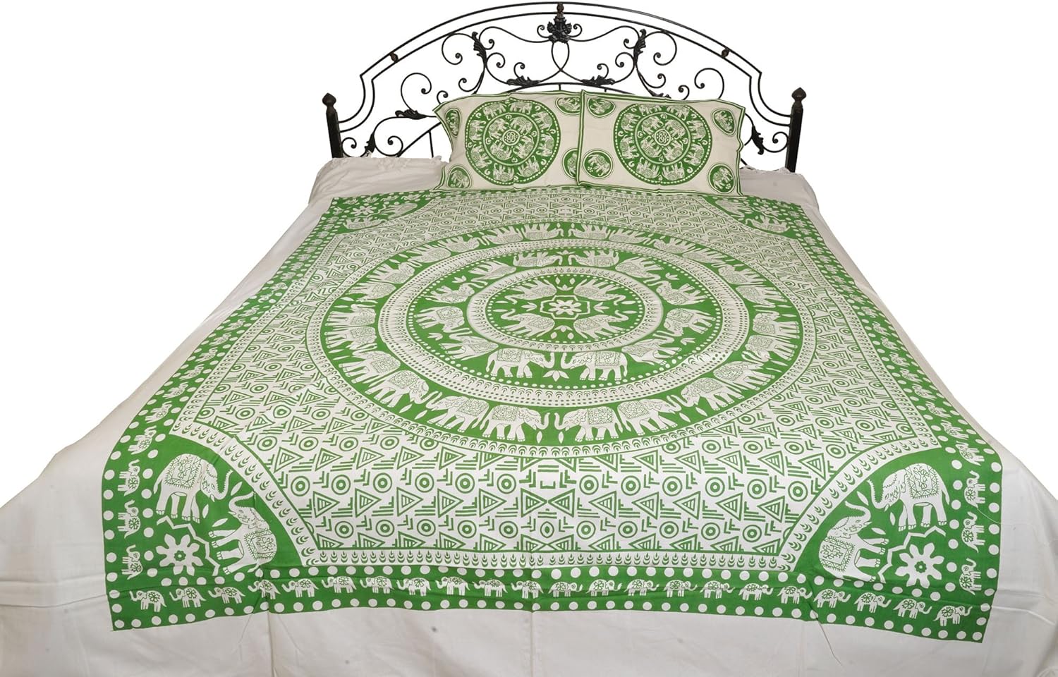 White Bedsheet from Pilkhuwa with Printed Chakravhuh of Elephants - Pure Cotton with Pillow Covers - Color Porcelain Green Color