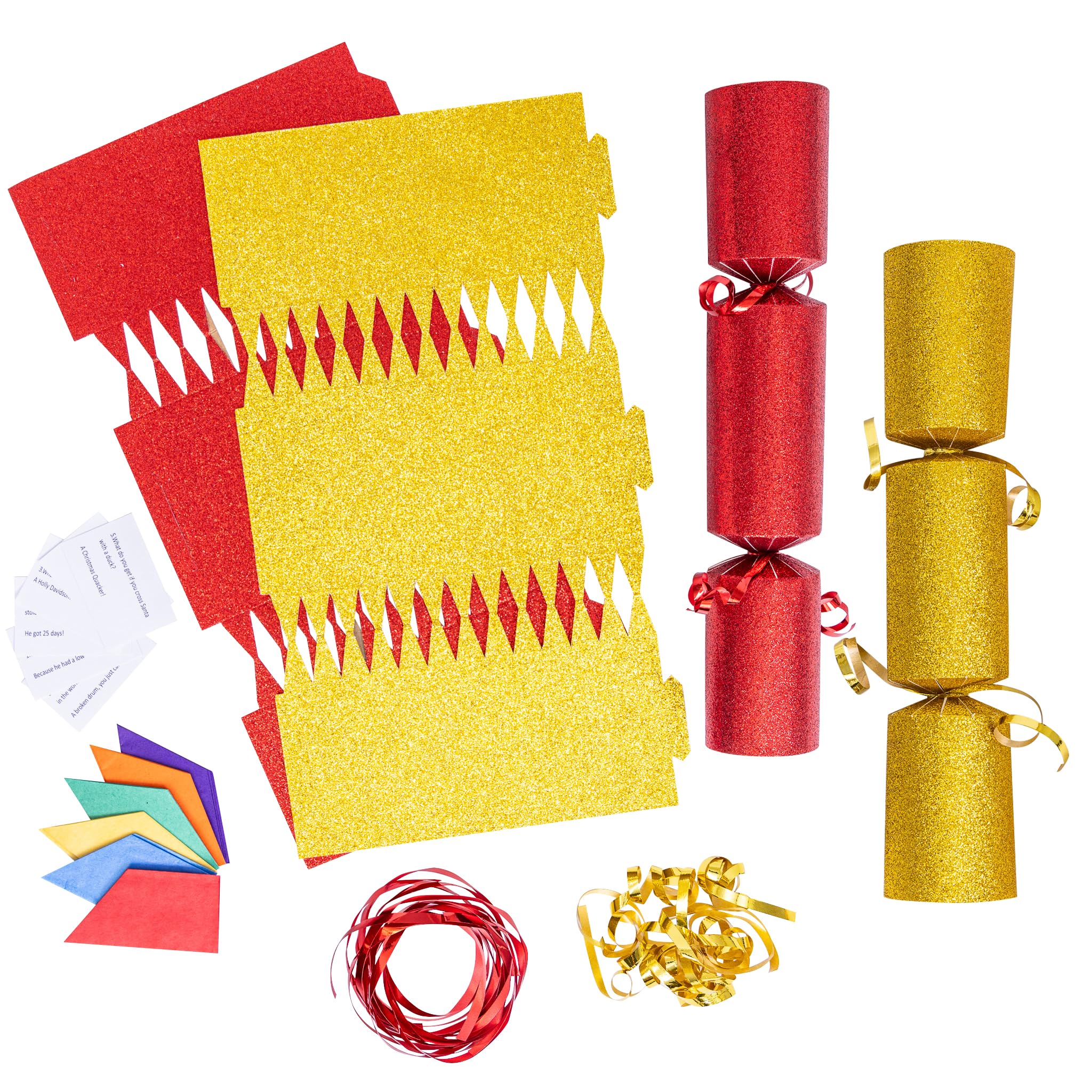 Evelay Gold, Red 12 Make Your Own Christmas Cracker Kit Diy Gold & Red Glitter Crackers Hats Snaps Jokes (Gold, Red)
