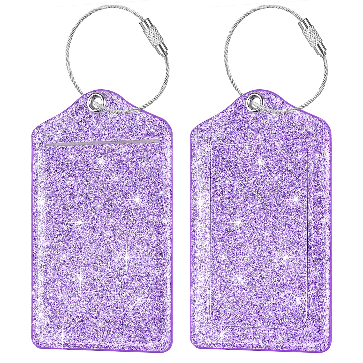 (Set of 2) Luggage Tag Leather Privacy Cover ID Label Address Card with Stainless Steel Loop, Travel Bag Tags Suitcase Labels,Gold Purple