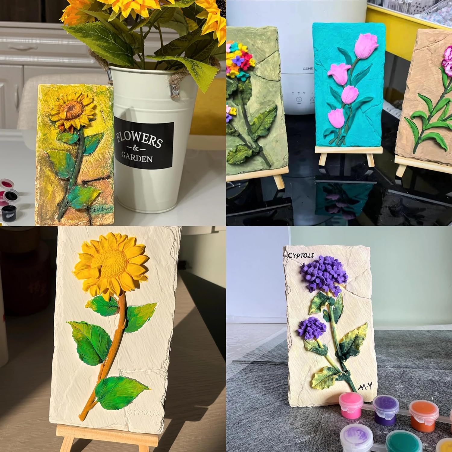4PCS Plaster Painting Kits- Unpainted Plaster Crafts with 4 Floral Designs, Includes Wooden Easel, Paints & Brushes - DIY Craft Kit for Home Decor, Aromatherapy Diffuser, Creative Gift (4PCS)