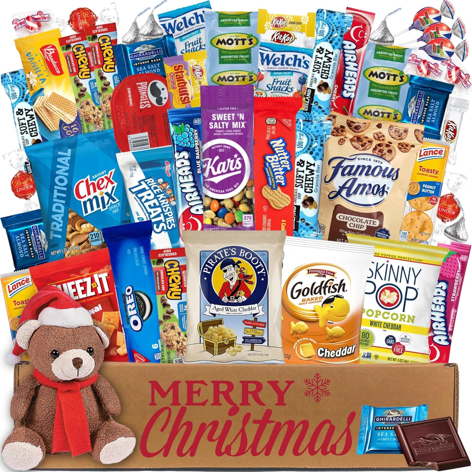 Christmas Snack Box Care Package (50ct) Candy Snacks Assortment Holiday Stocking Stuffer Cookies Food Bars Gift Pack Box Bundle Mixed Bulk Sampler for Children Kids Boys Girls College Students Office