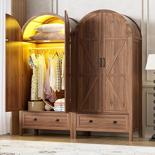 PAKASEPT Armoire Wardrobe Closet with Drawers and 2 Arched Fluted Doors, 70.9‘’ Tall Wooden Bedroom Armoires with LED Light & Shelves and Hanging Rod(Brown)
