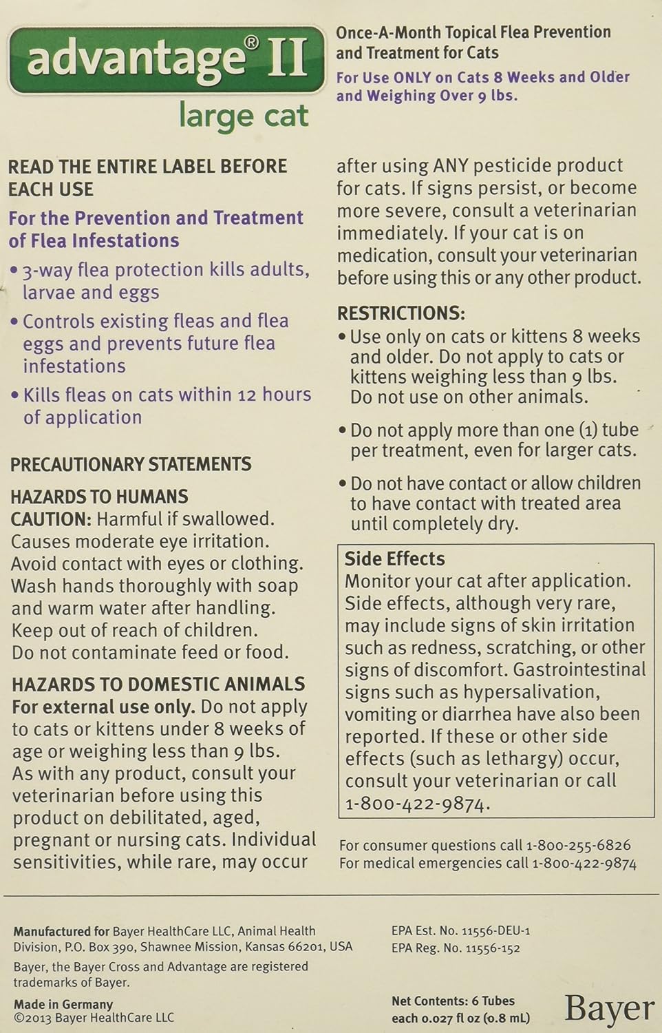 Bayer Advantage II, Cat, Over 9 lbs, 6pk