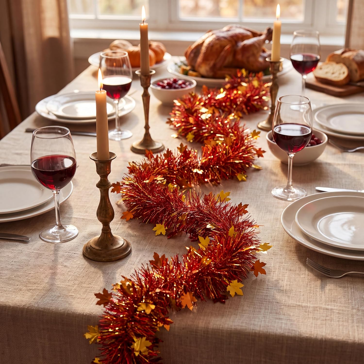 52FT x 9cm Red Gold Tinsel Fall Garland, Autumn Leaf Cutout Garland for Thanksgiving Decor, Autumn Decor, Halloween Tree Decor, Indoor Outdoor Fall Porch & Fall Wall Decor