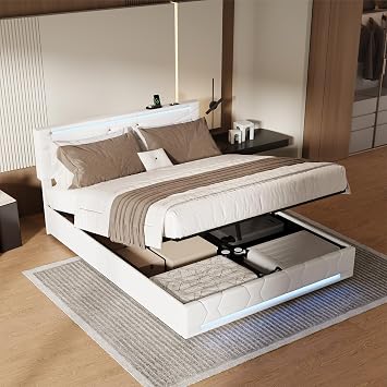 140 x 190 cm Double Bed with Slatted Base Upholstered Storage Bed 140 x 190 cm with Slatted Base Hydraulic Bed with USB and Type without Mattress Beige 140 x 190 cm