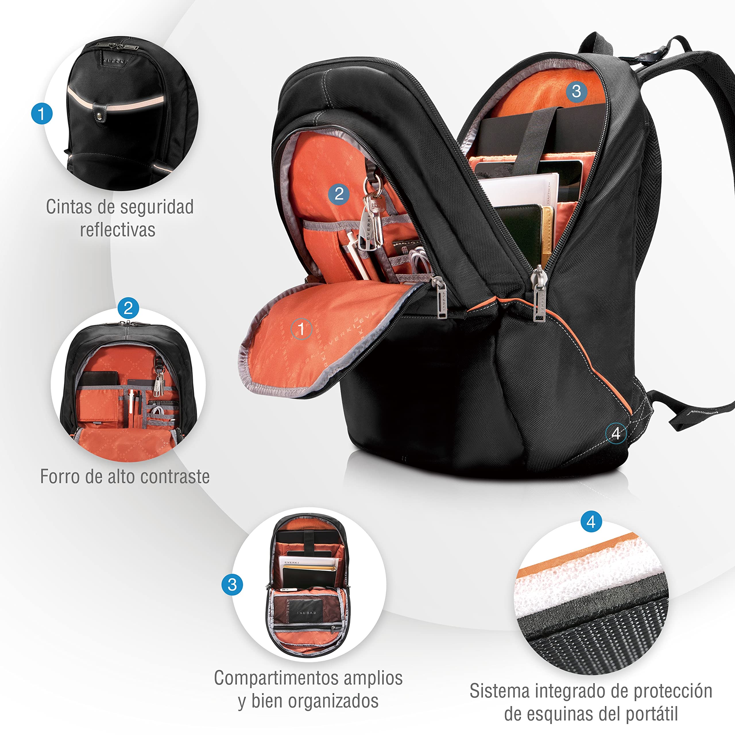 Everki Glide mochila para portátil 17,3" para mujer y hombre – robusta y repelente al agua, con tiras reflectantes para estudios, viaje o moto – Negro (EKP129)