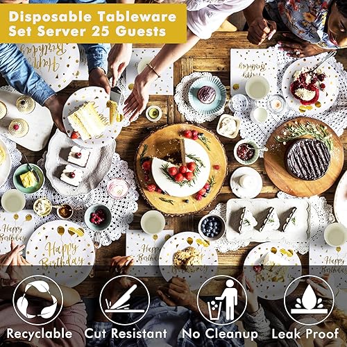 Miniatura 5 de Platos y servilletas de feliz cumpleaños, 200 piezas de decoración de fiesta de cumpleaños blanco y dorado, platos de peper, servilletas, globos,