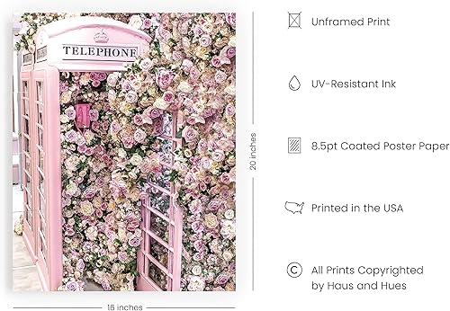 Miniatura 2 de HAUS AND HUES Decoración de pared Glamour Floral Phone Booth  Póster de flores rosas para decoración de pared, póster de París, imágenes de París