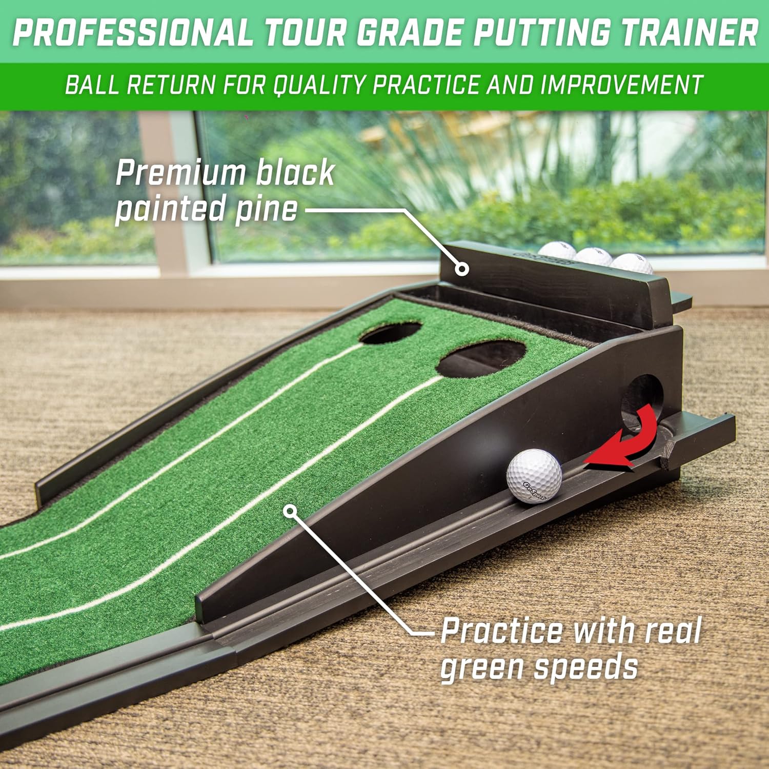 GoSports Pure Putt Golf 9 ft Putting Green Ramp - Black or Brown - Premium Wood Training Aid for Home & Office Putting Practice - Includes 4 Golf Balls