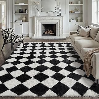 8x10 Black and White Checkered Rug for Living Room Soft Fluffy Shag Area...