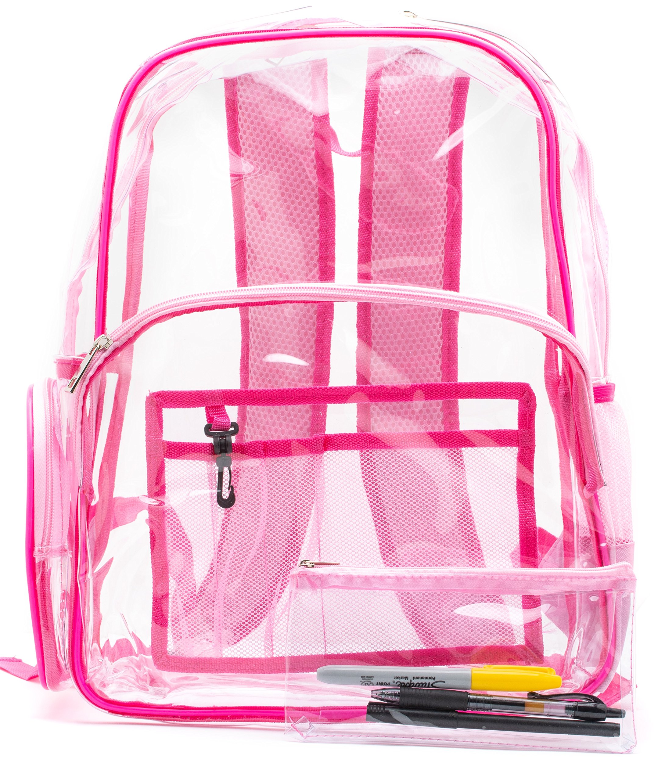 NEW! Quality Clear Backpack Pink, Heavy Duty Transparent, See-Through, Large (Pink and Fuchsia)