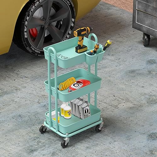 Miniatura 20 de Simple Houseware Carrito de cocina de 3 niveles multifuncional con ruedas y 2 divisores y cubo colgante, color negro Negro,Rojo,Turquesa,Blanco