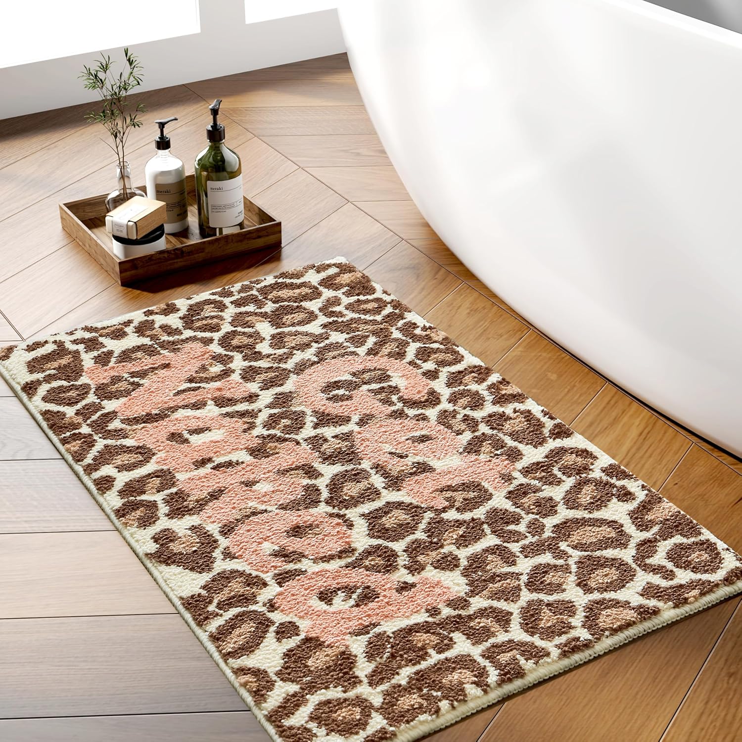 IKATYARN Get Naked Cute Absorbent Bath Mat for Bathroom, Non Slip Soft Leopard Bath Rug, 20” x 31”