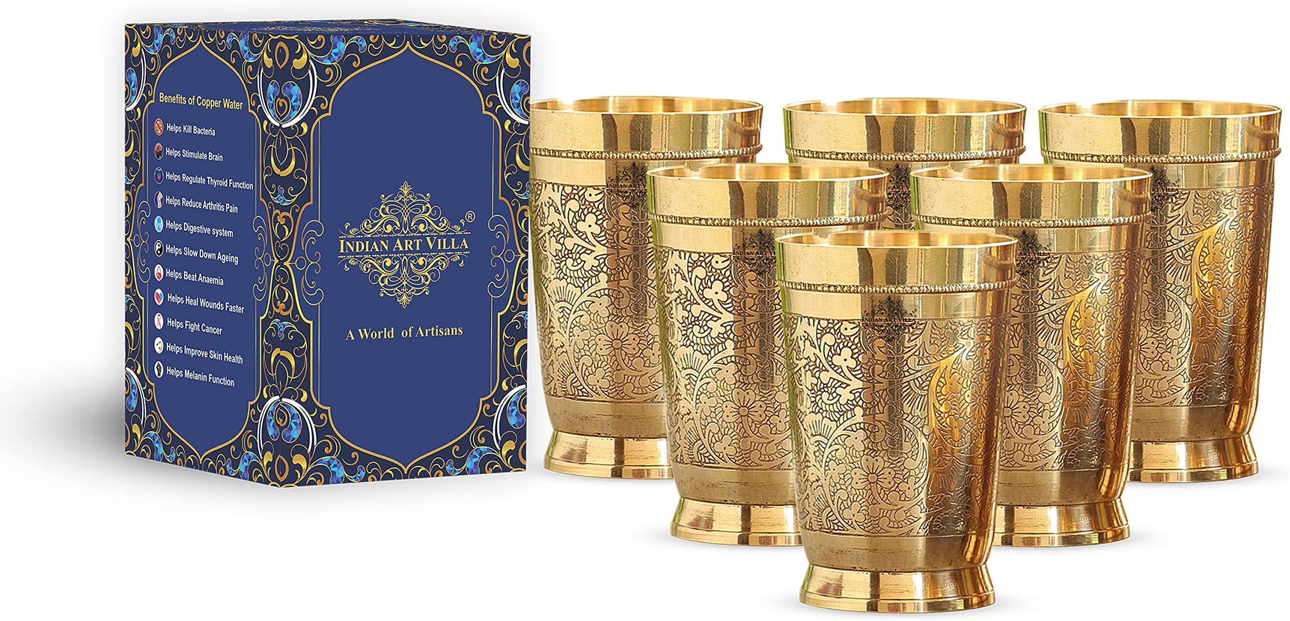 Indian Art VillaBrass Glass Tumbler, Embossed Design, 11 Oz Each, Set of 6