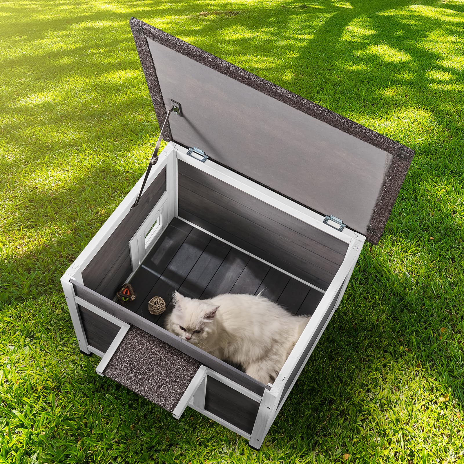 VEVOR Cuccia per Gatti da Esterno, 600x530x465 mm, Cuccia Rifugio per Gatti in Legno, Resistente alle Intemperie, Tetto Aperto, Porta a Ribalta, Capanna per Riparo per Gatti Animali Piccoli, Grigio