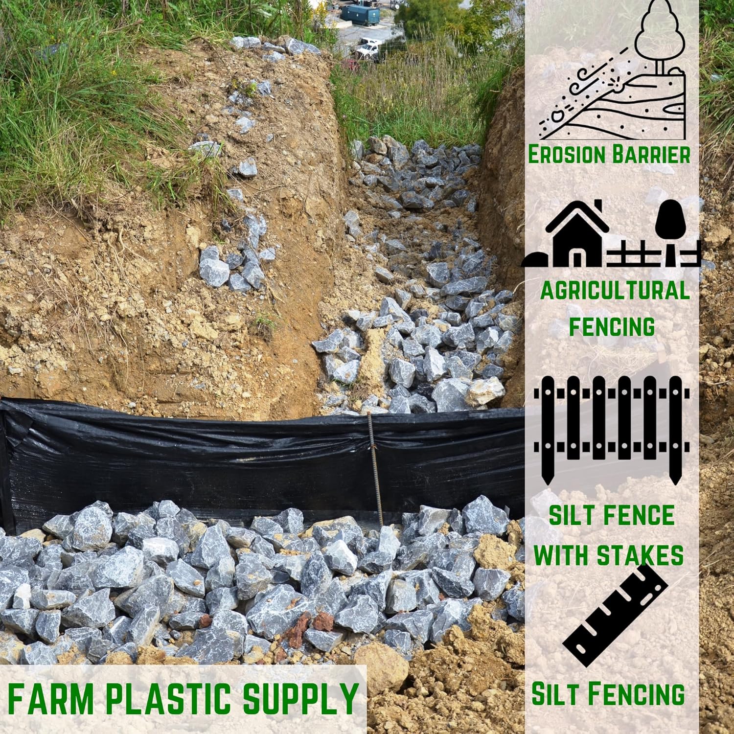 Farm Plastic Supply - Silt Fence - 3' x 100' - 11 Stakes Included - Erosion Barrier with Stakes for Agricultural Fencing and Privacy Material