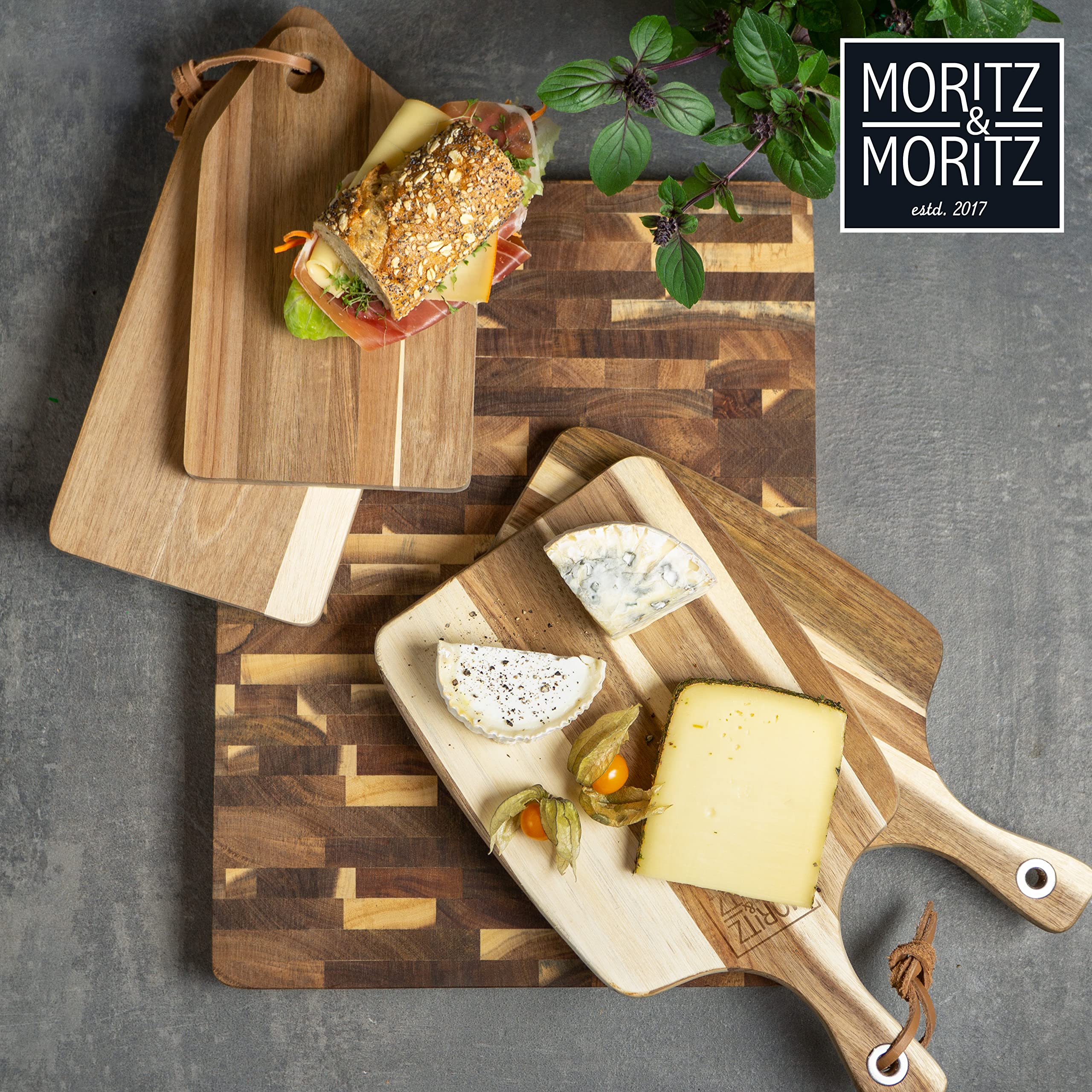 Moritz & Moritz Drewniana deska do krojenia 33 x 18 cm – drewniana deska do krojenia z litego drewna akacjowego – deska do serwowania sera – drewniana deska kuchenna trwała, przyjazna dla noży, łatwa