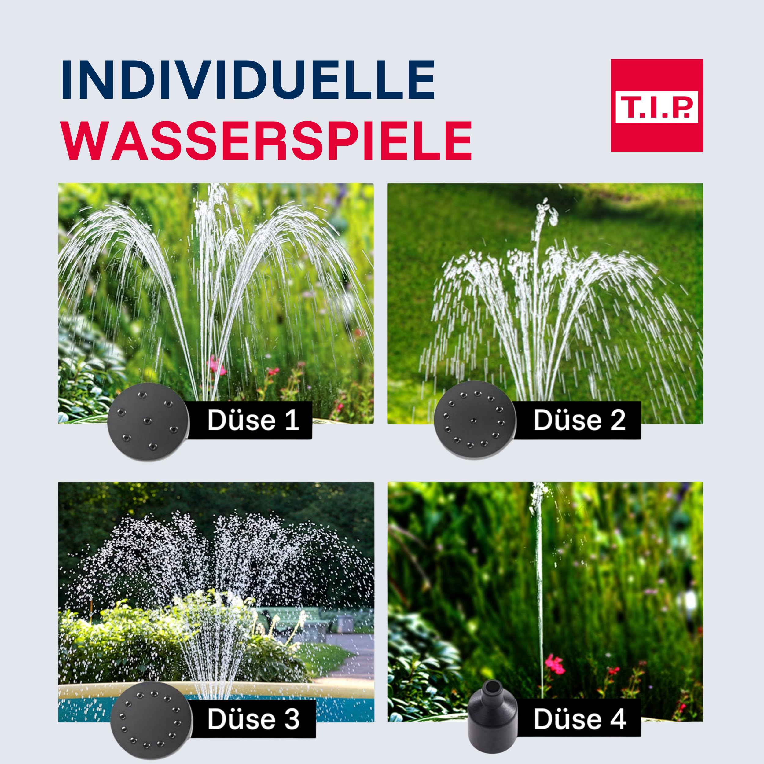 T.I.P. Solarteichpumpe Set mit Akku, Fernbedienung - Wasserspiel, Fontäne für Teich | SPS 300/9 Solar Pumpe fuer Gartenteich mit 4 Fontänen-Düsen, Speicherakku, Timer, Solarpanel & Erdspiess im Komplettset