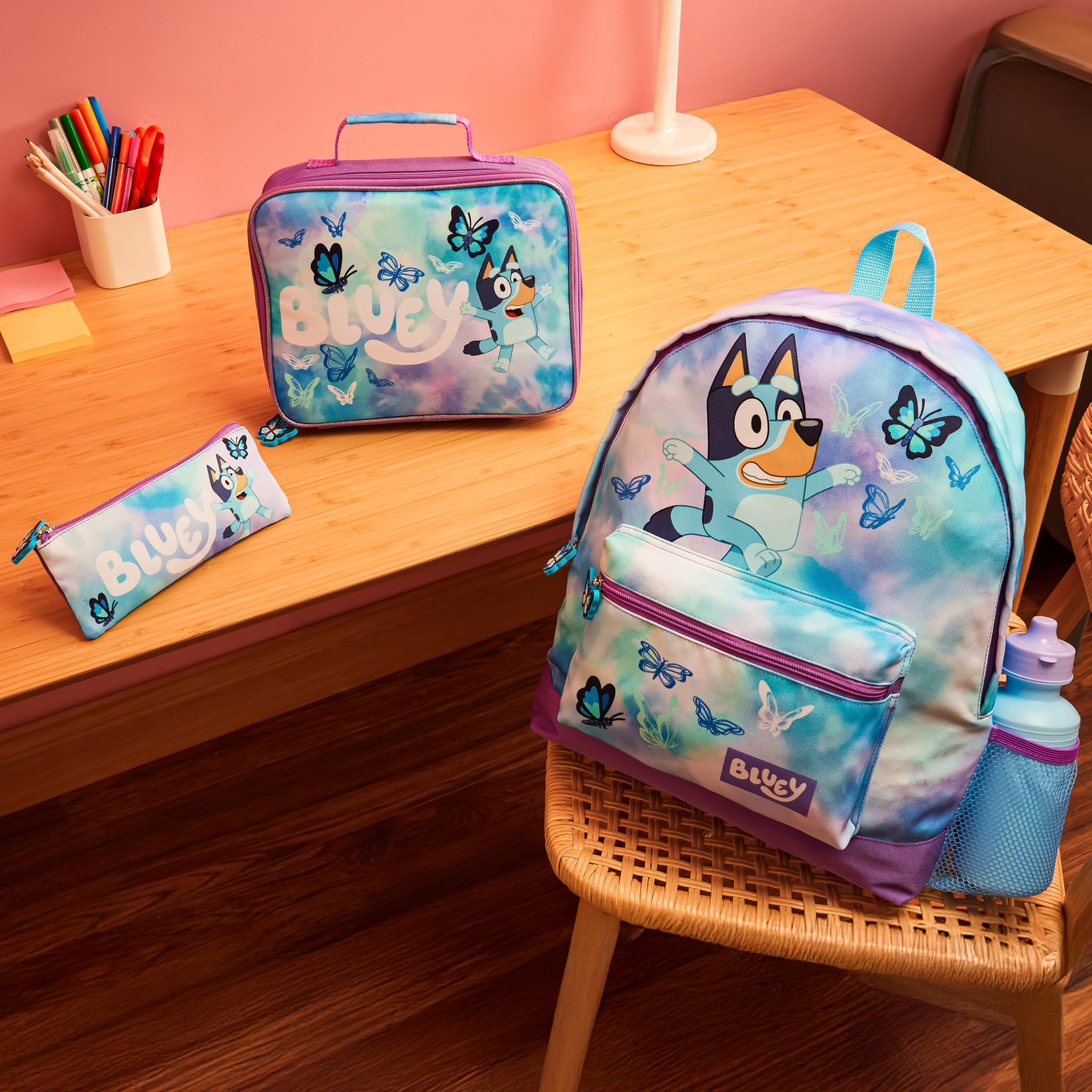 Bluey Mochilas Escolares Set de Mochila Escolar Guarderia 4 Piezas con Botella Agua Estuche Escolar Bolso Deporte o Bolsa Almuerzo Mariposa