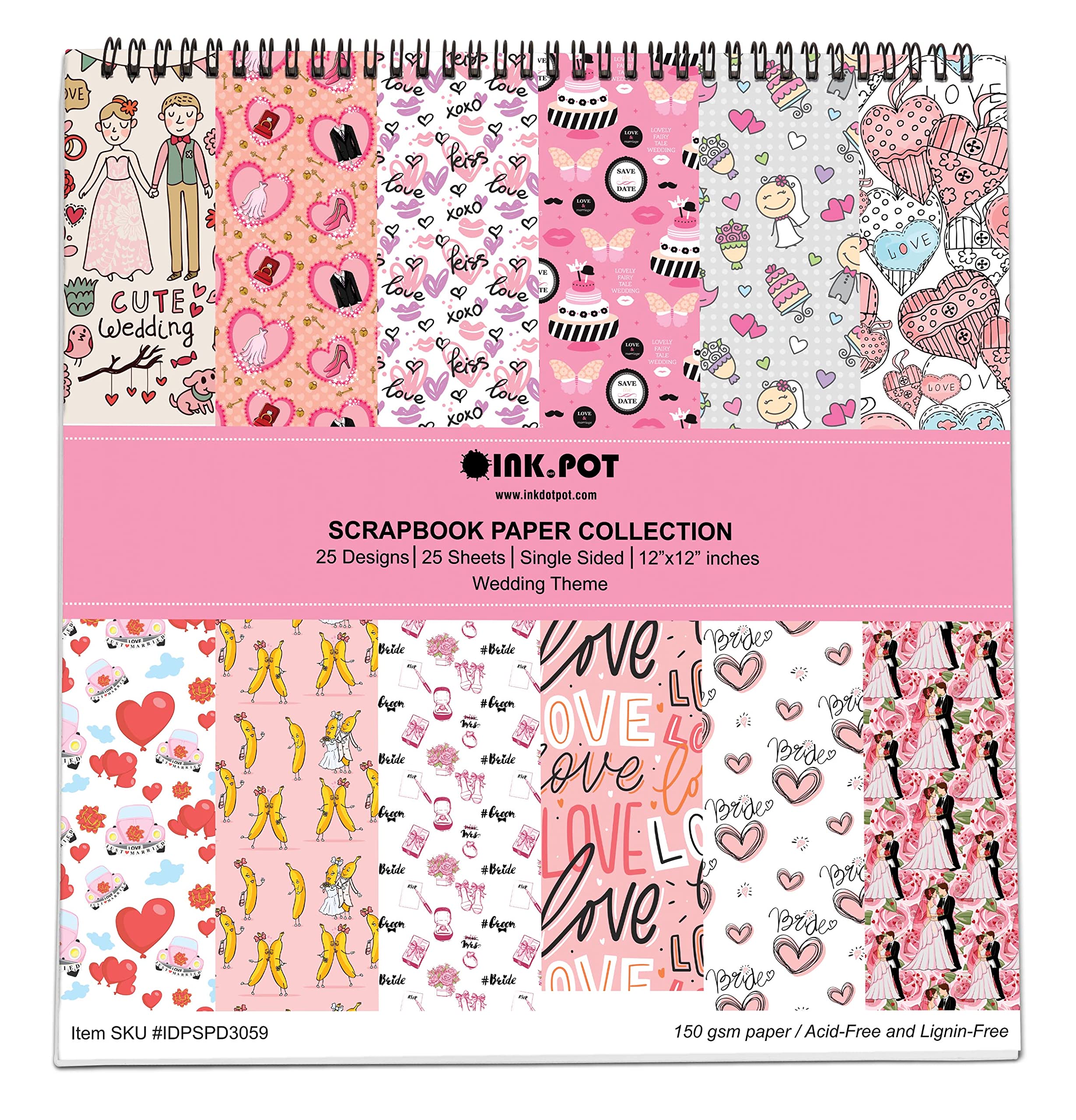 Inkdotpot 25 Wedding Theme Scrapbook Paper Pad 12" x 12", Single-Sided Scrapbook Paper- Colorful Cardstock Paper Scrapbooking DIY Decorative Background Cardmaking Supplies- Journal Craft Paper