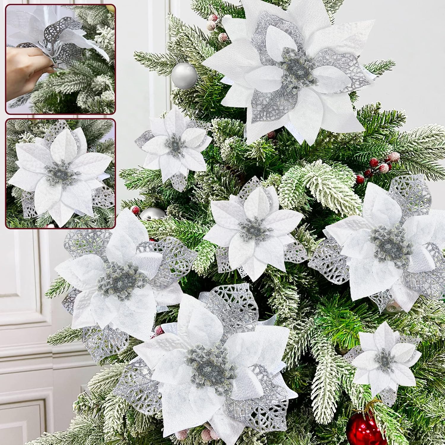 [ 3 Sizes & with Clips Stems ] 24Pcs Glitter Christmas Poinsettia Decorations Artificial Silk Flowers 8.7"-5.5"-4" Christmas Tree Ornaments Decoration Wreath Home Indoor Outdoor Decor(Silver)