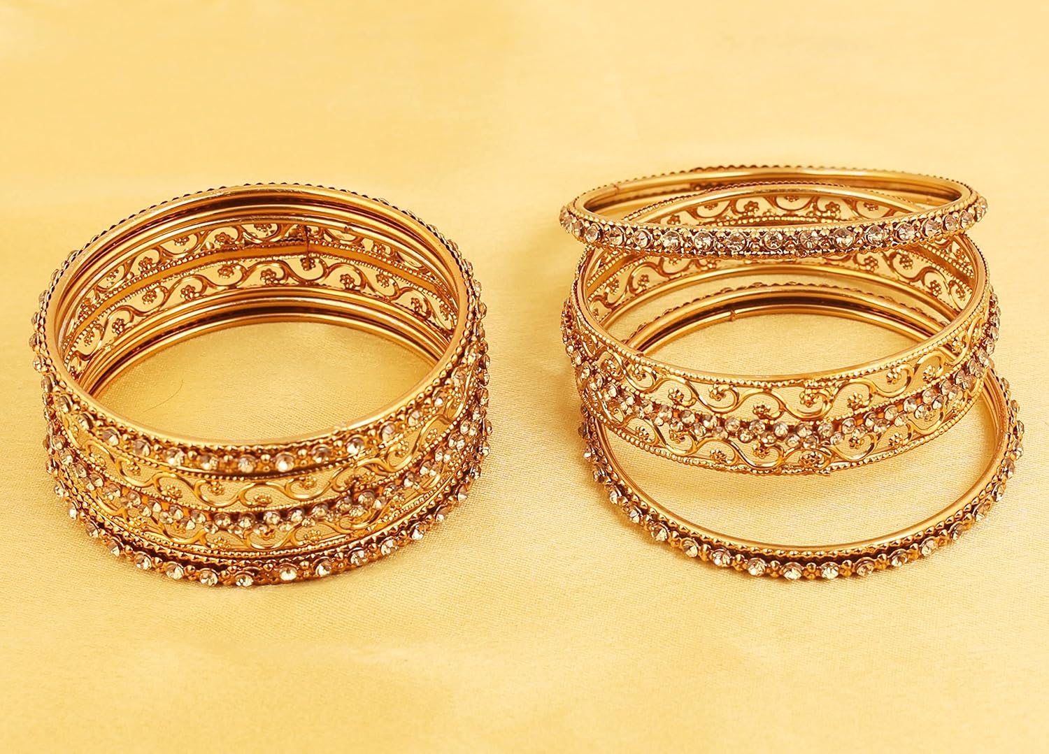 Touchstone "Golden Bangle Collection Indian Bollywood Exotic Filigree And Grain Work Clear Rhinestone Thick Thin Bangle Bracelets In Antique Gold Tone For Women. Set of 6 - Image 3
