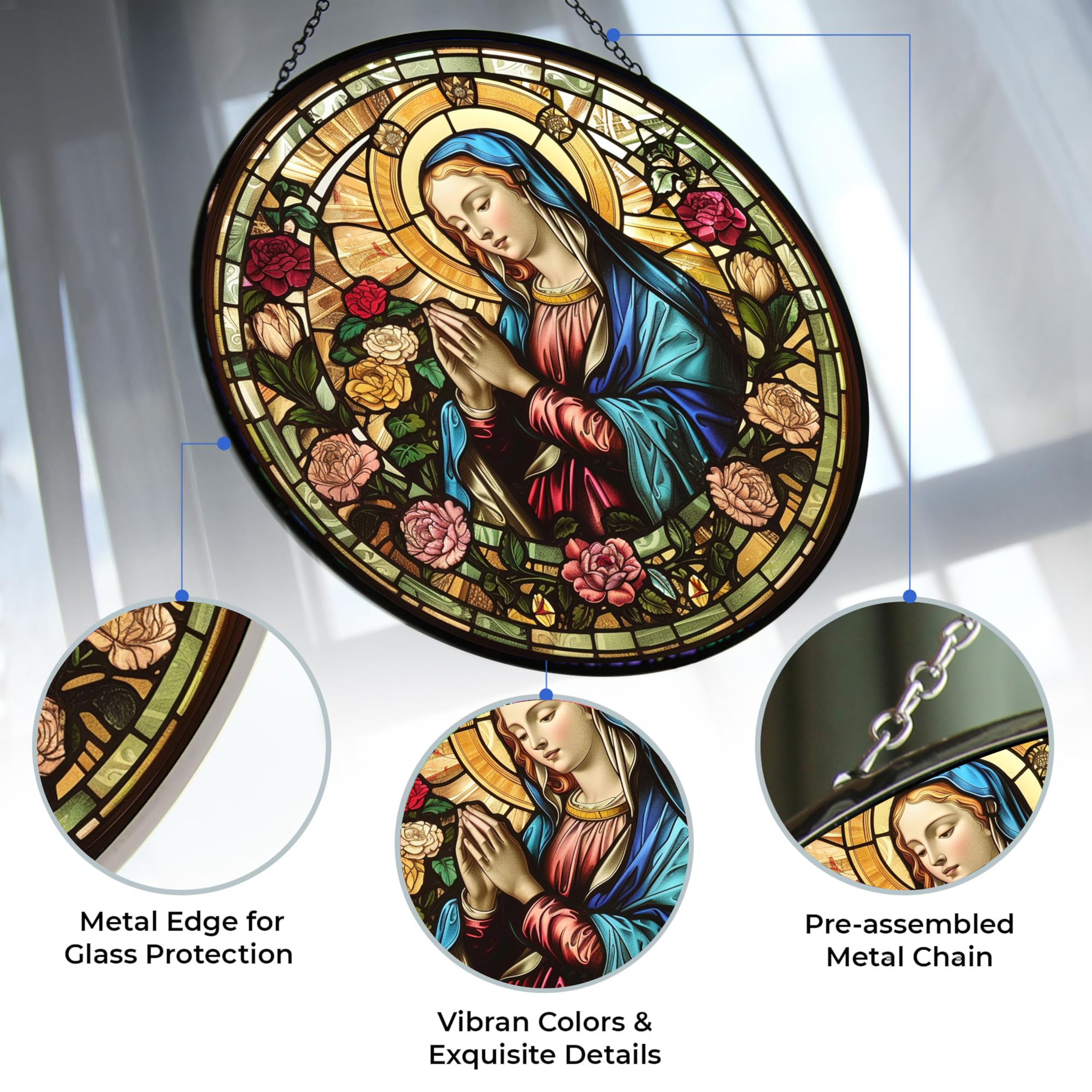 365CUSGIFTS Personalized Virgin Mary Stained Glass Window Hanging by Clare Donovans Stained Glass Suncatcher Birthday Gift for Mom Grandma Teacher Women Friend Memorial Hook