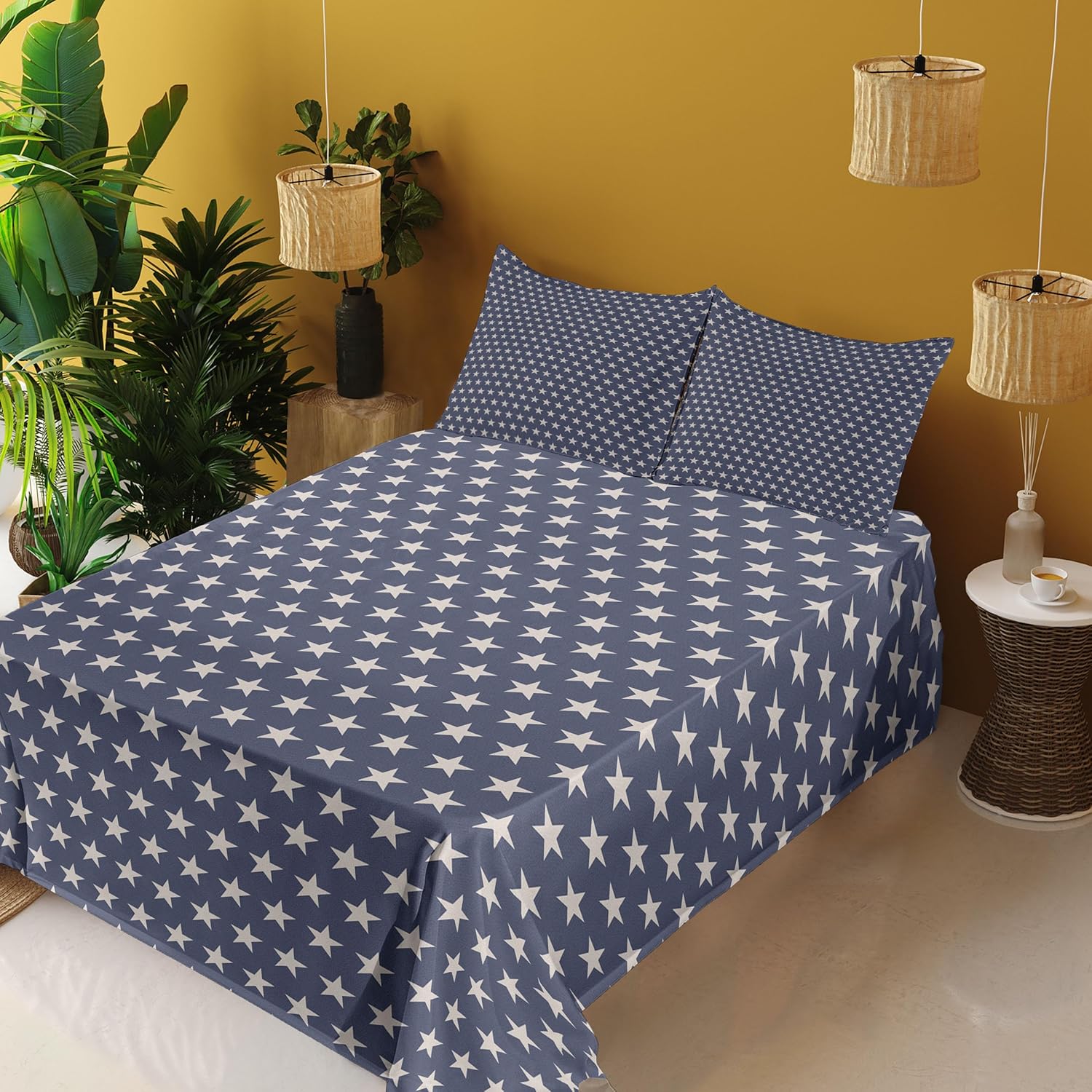 Ambesonne Star Sheet Set, Patriotic Star of The American Flag Independence Themeds of Freedom, Fitted and Flat Sheet with Pillowcases Bedding Accent 4 Piece Set, Queen, Night Blue Tan
