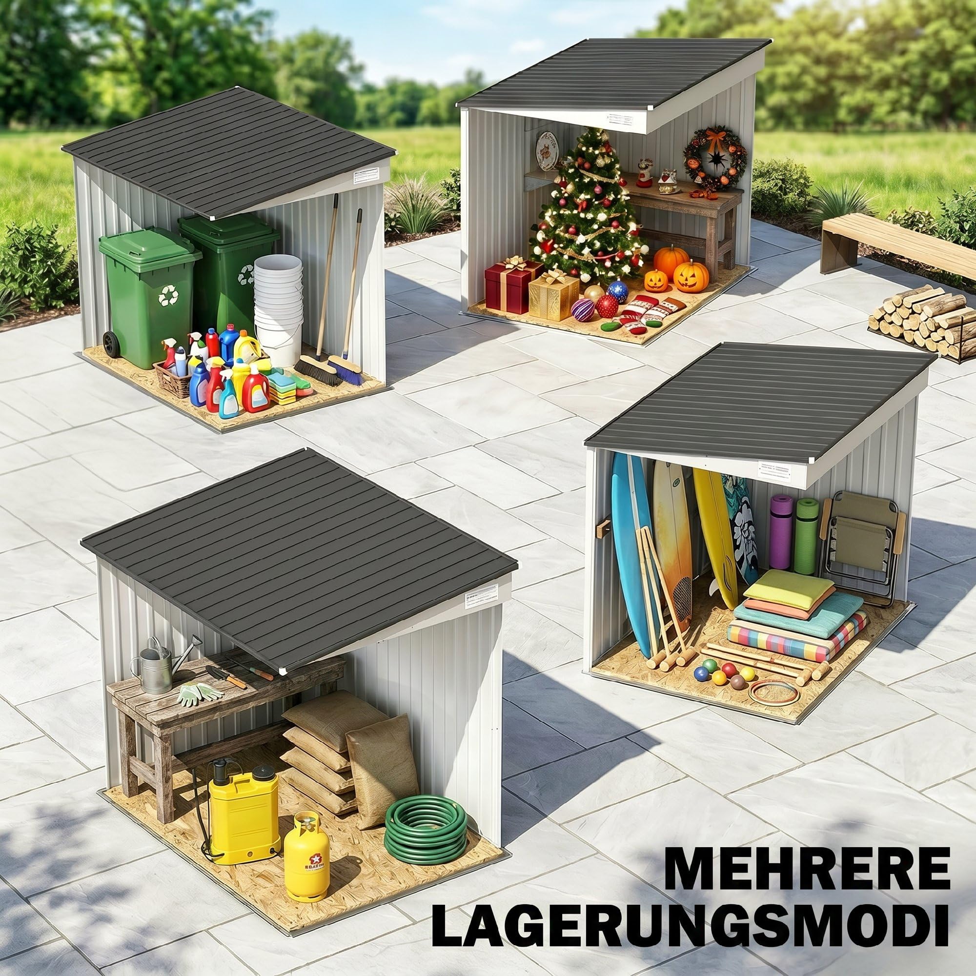 Outsunny Metall Gerätehaus 2,81m² 154x206,5x181 cm Wetterfestes Gartenhaus mit Pultdach und Fundament, Geräteschuppen mit Schiebetür, Weiß